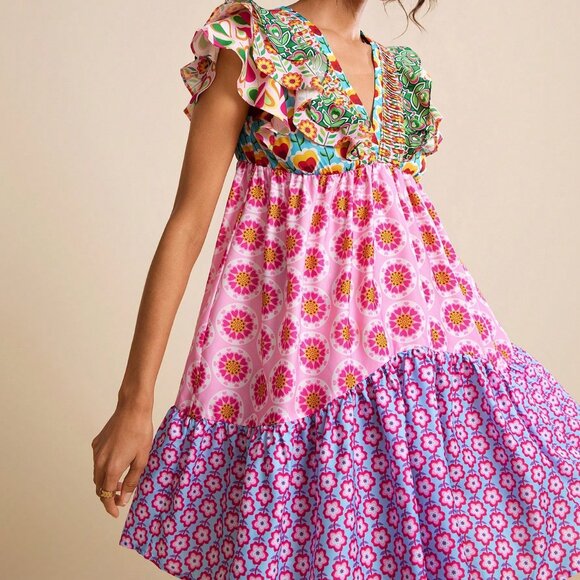 Multicolor Boho Women's Patchwork V-Neck Ruffle Waist A-Line Short Dress - Picture 4 of 8